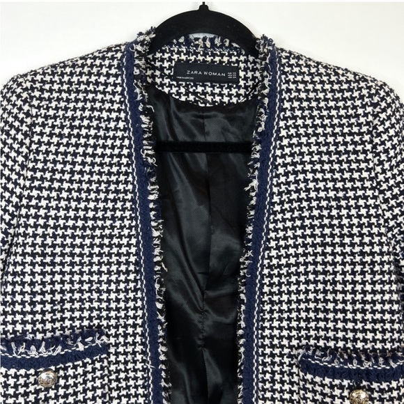 Zara NWOT black white & navy blue houndstooth textured tweed blazer jacket - Picture 6 of 9